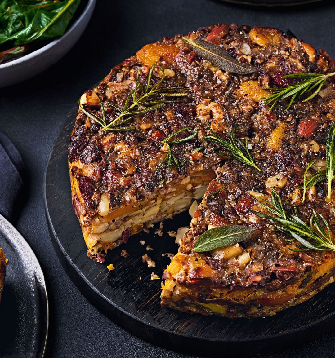 Root veggie nut roast with chestnut gravy