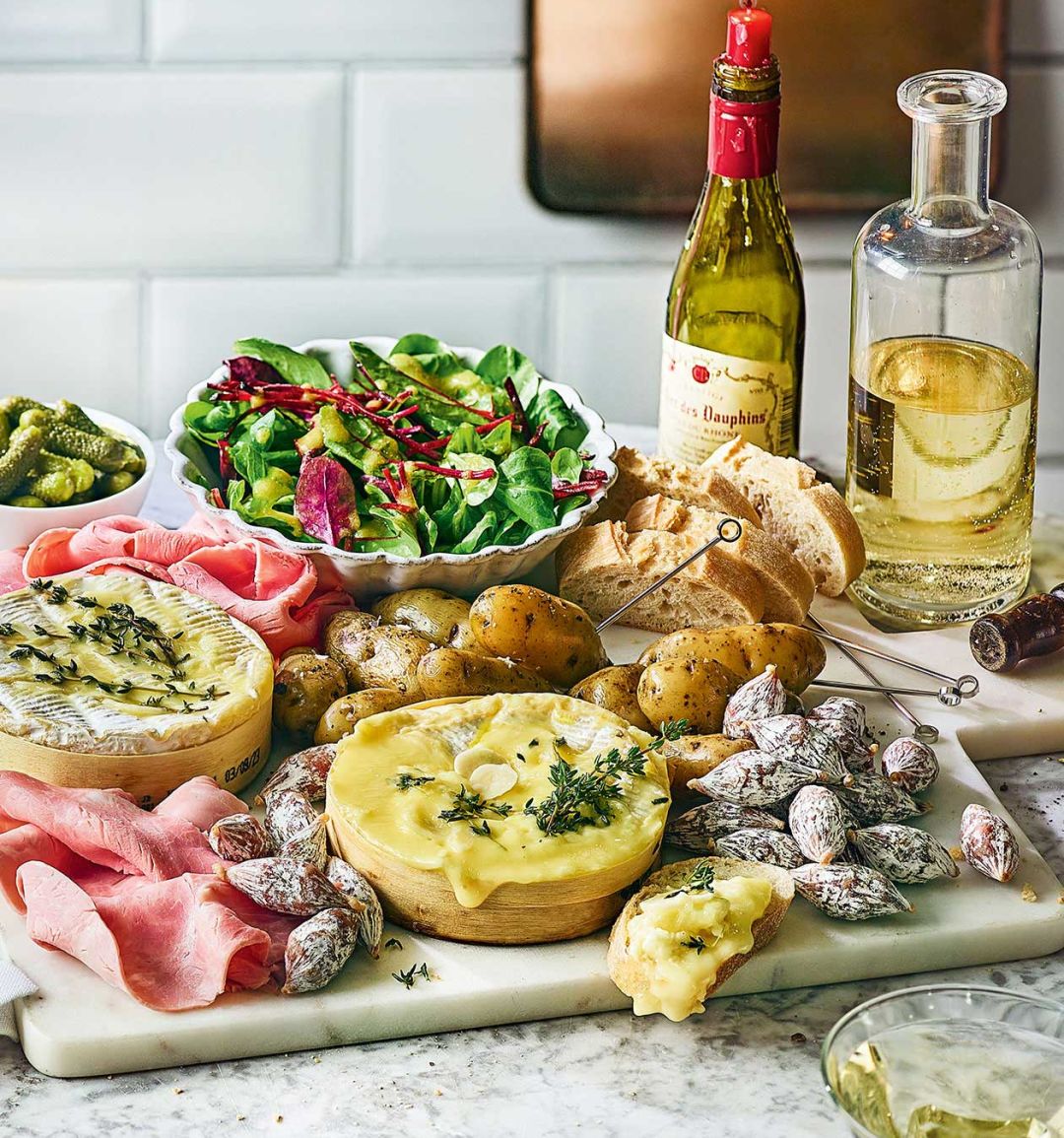 Baked camembert, charcuterie and potatoes