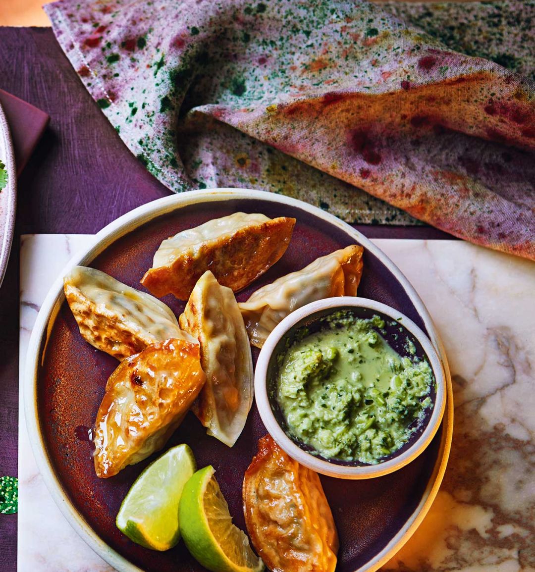 Crispy gyoza with spicy edamame dipping sauce 