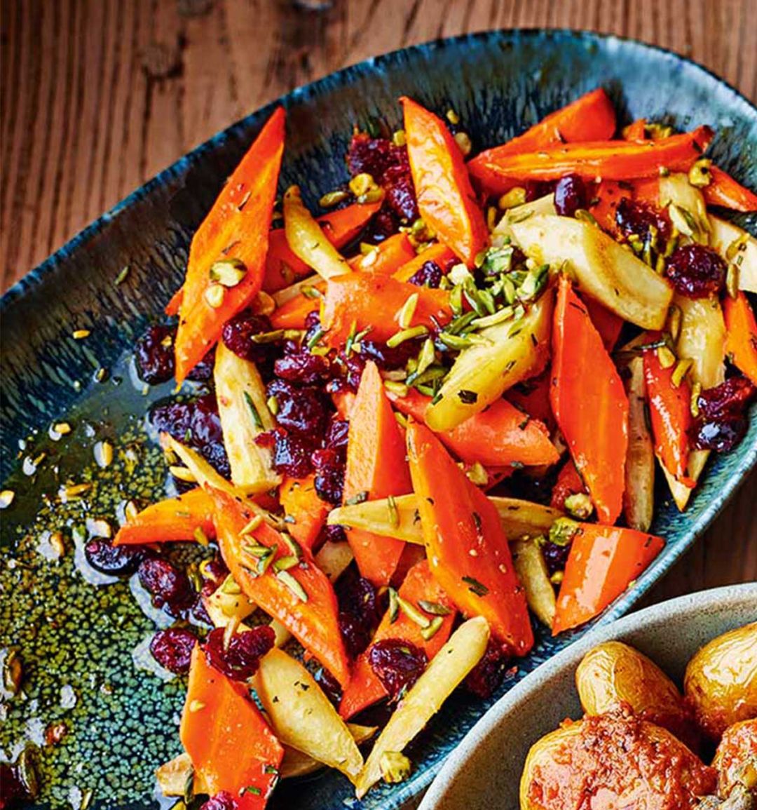 Roasted roots with fruit and nuts