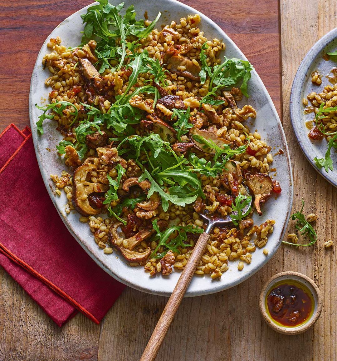 Roast mushroom grains with date dressing