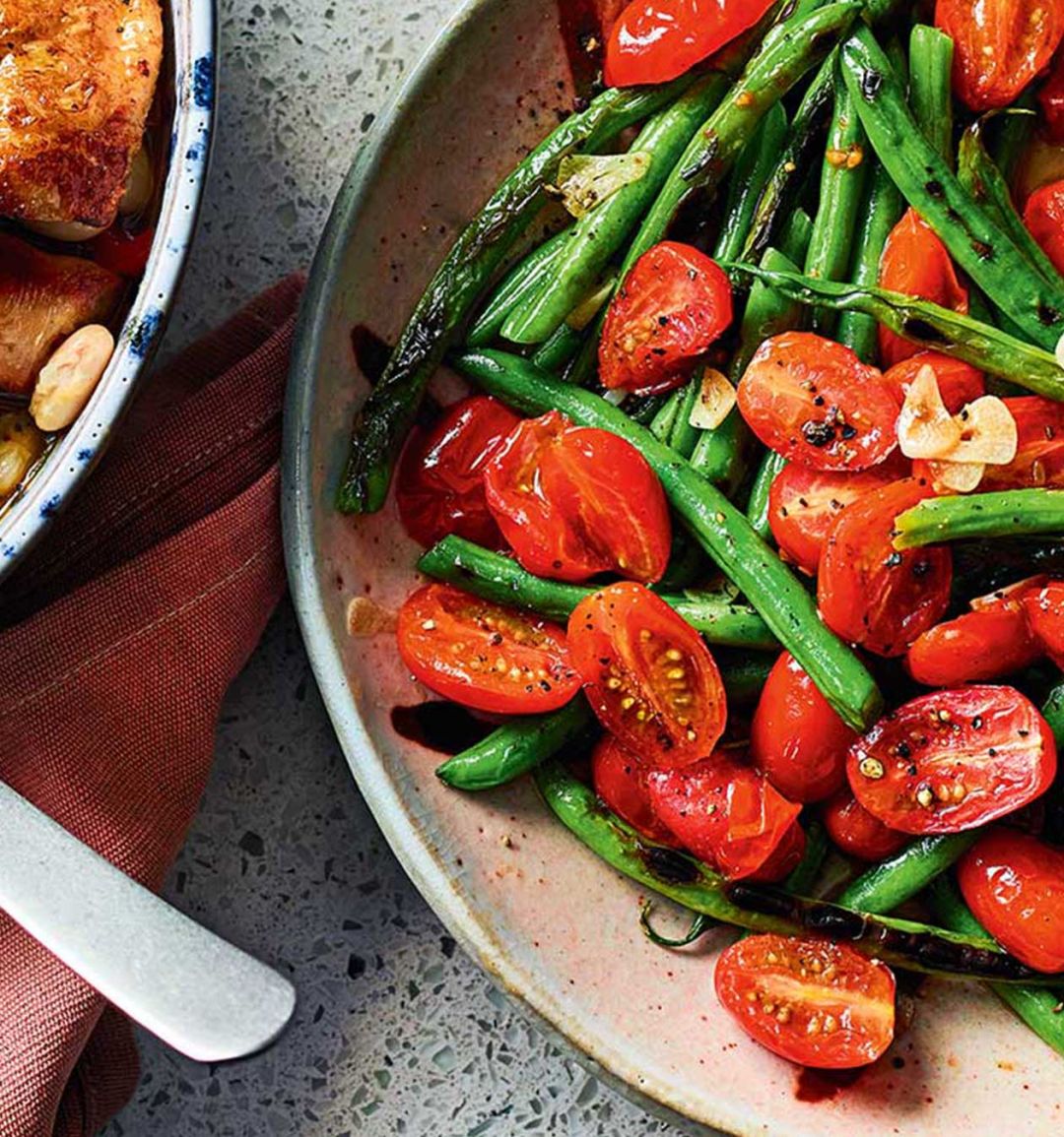 Blistered green beans and tomatoes
