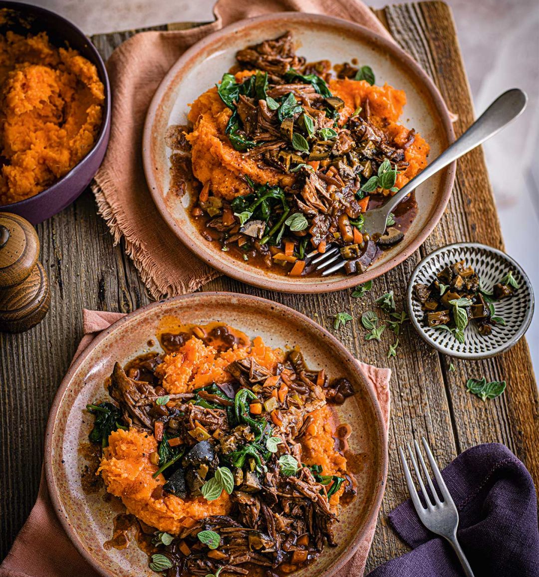 Braised short ribs with sweet potato mash and pickled walnuts