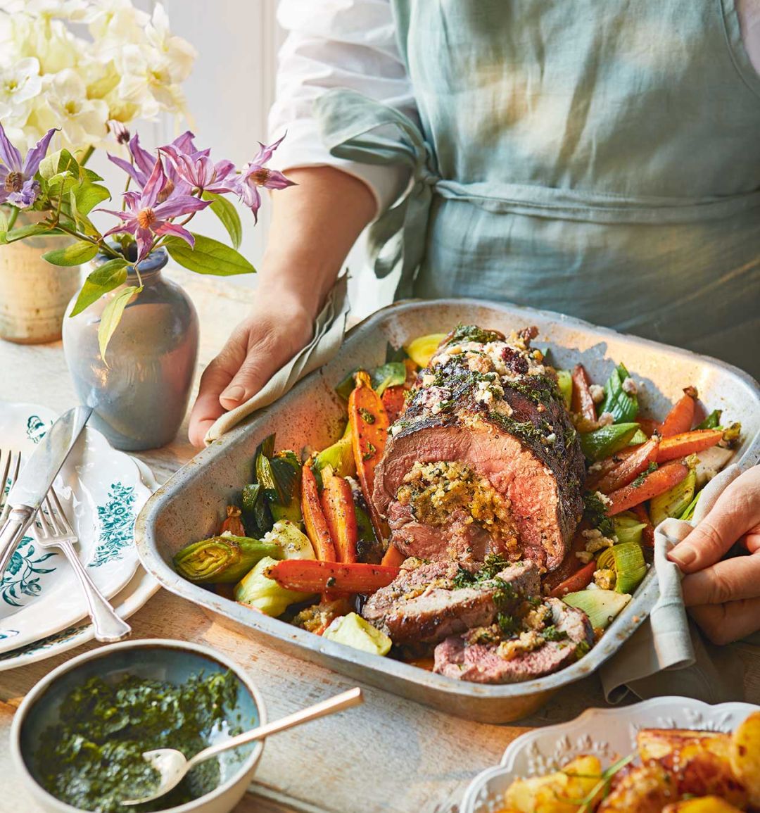 Rolled roast lamb with Wensleydale, apricot and herb stuffing