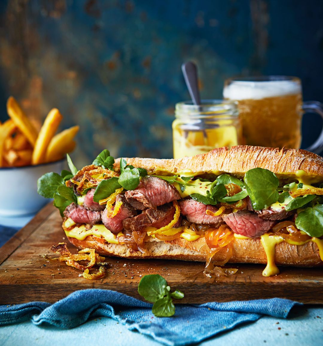 Pub-style steak sarnie with beer onions