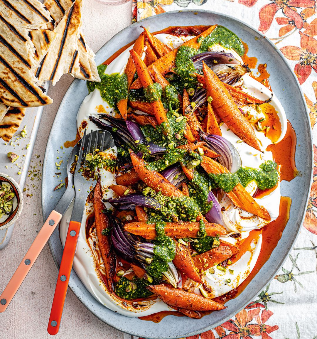 Roasted vegetables with pistachio and dill pesto