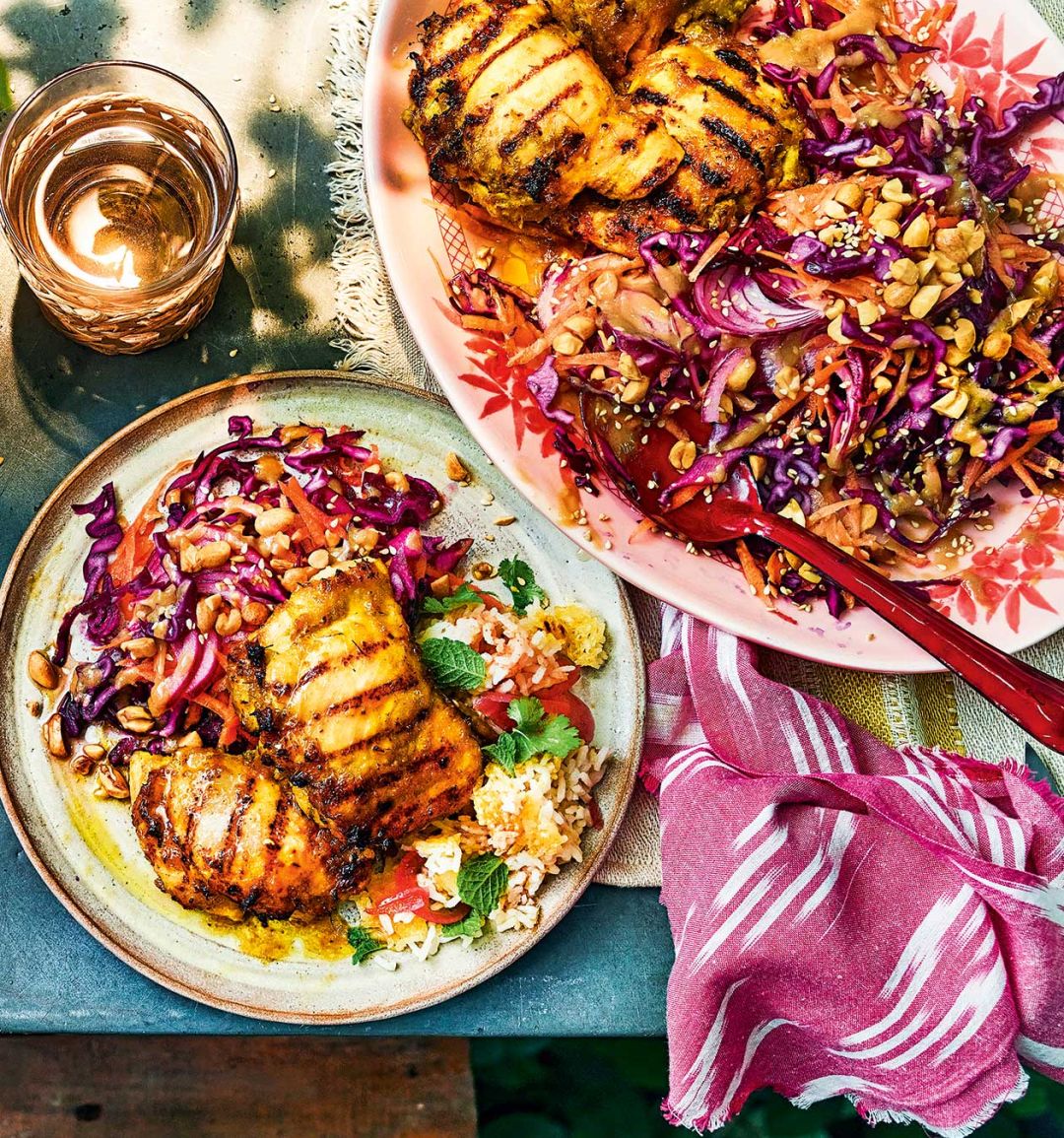 Sticky lemonade chicken with rainbow slaw