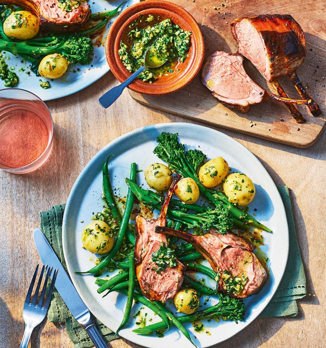 Rack of lamb with anchovy salsa and spring vegetables