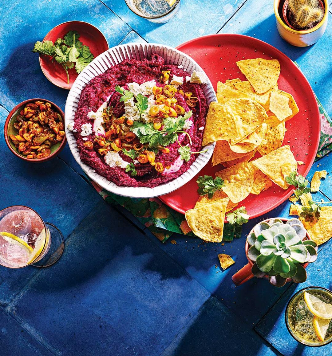 Beetroot and jalapeño dip with crispy tortillas