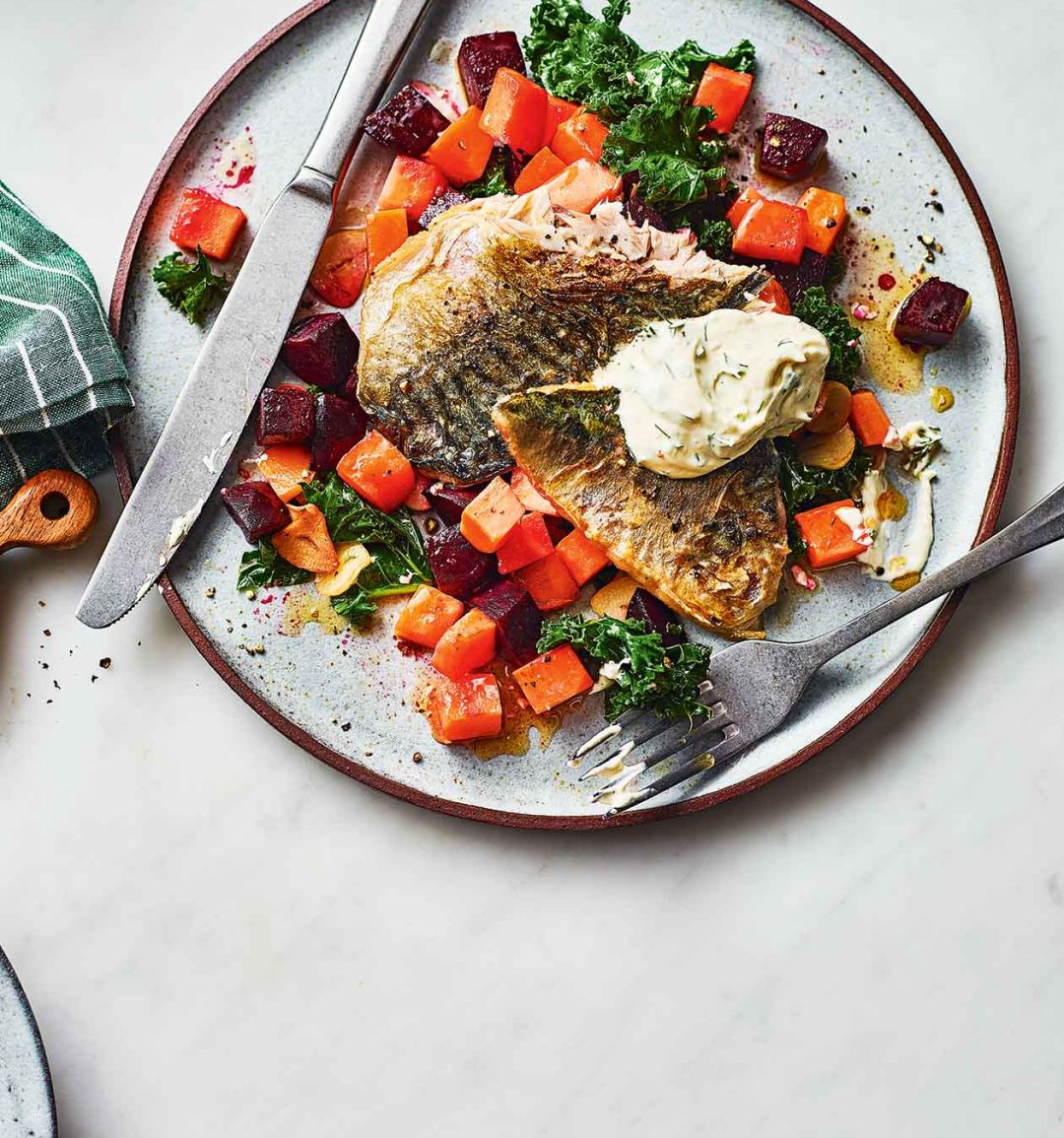 Pan-fried mackerel with beetroot and sweet potato hash