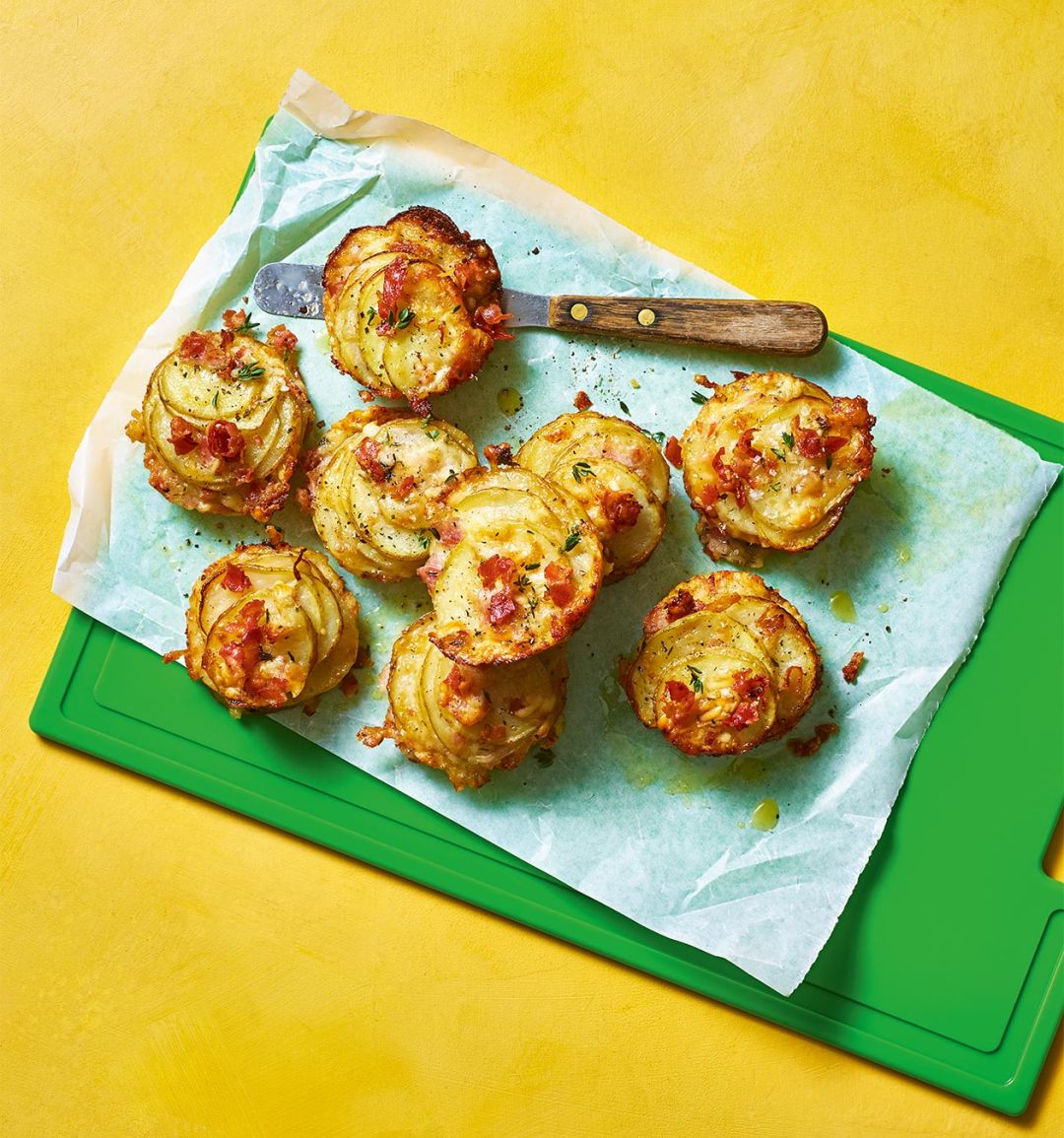 Potato, pancetta and pecorino muffin-tin stacks
