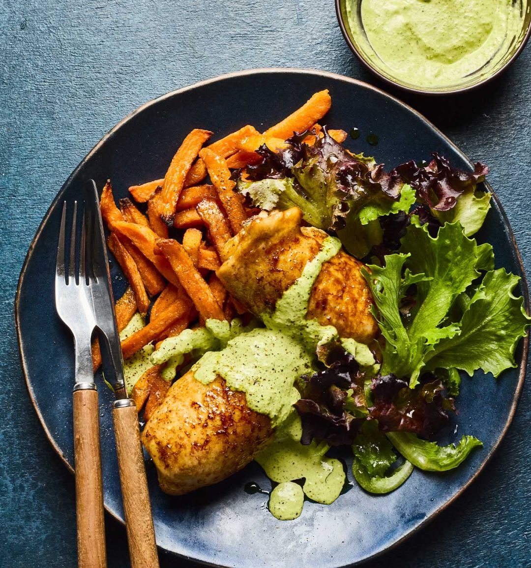 Air-fryer chicken thighs with herby spring onion mayo