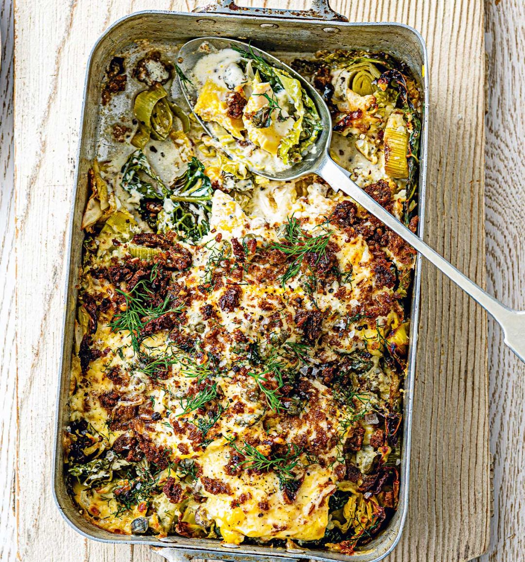 Smoked fish gratin with rye crumbs