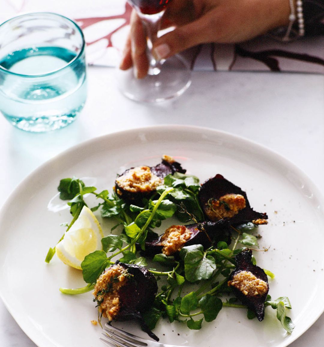 Roast beetroot with hazelnut butter and watercress