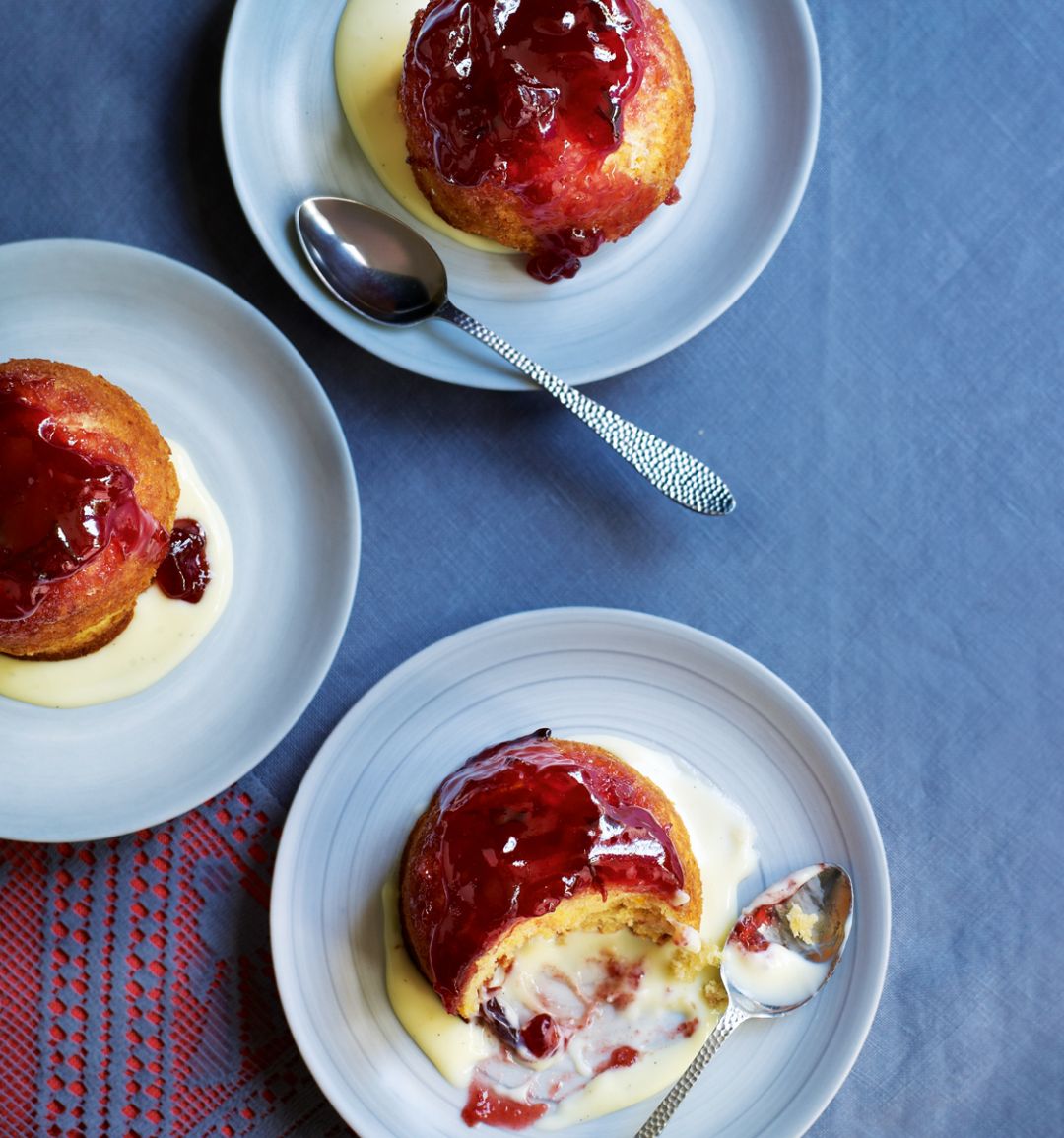 Apple, orange and damson sponge puddings