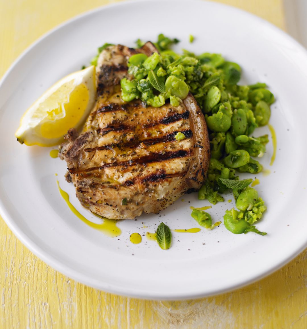Marinated pork chops with smashed broad beans