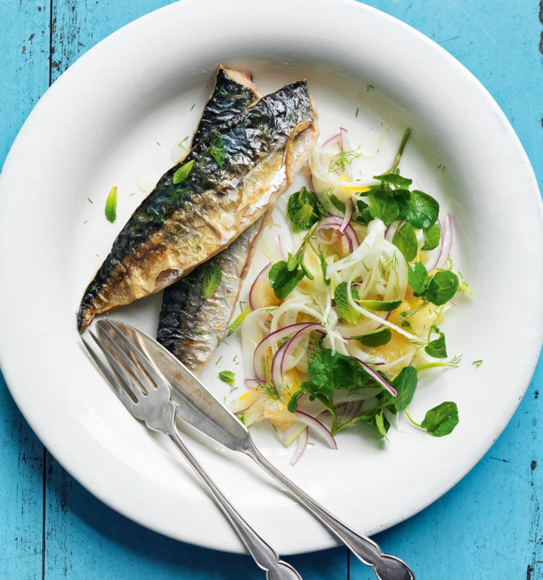 Roasted mackerel with fennel, red onion and apricot salad