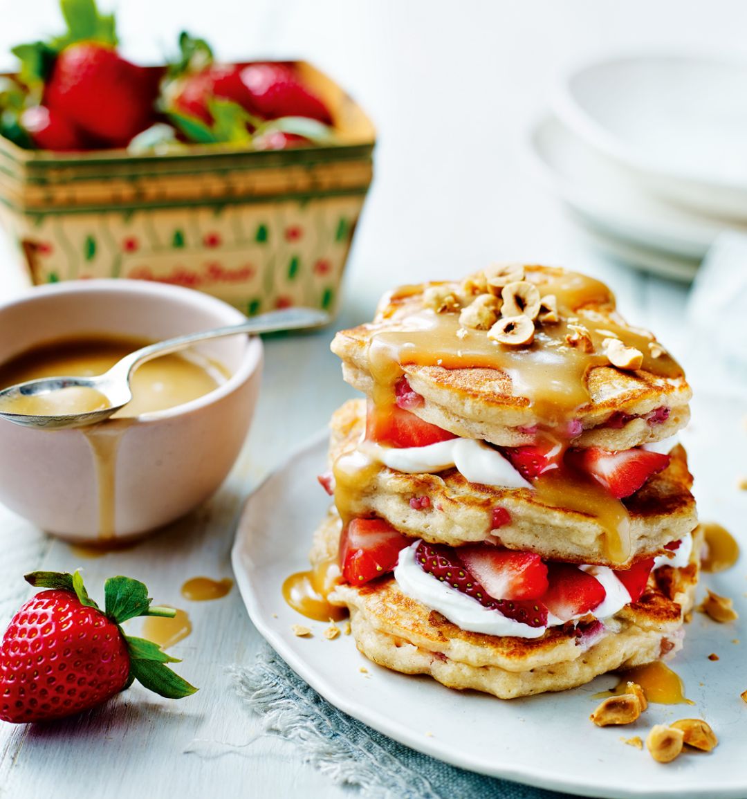Strawberry ricotta pancakes with salted caramel sauce  