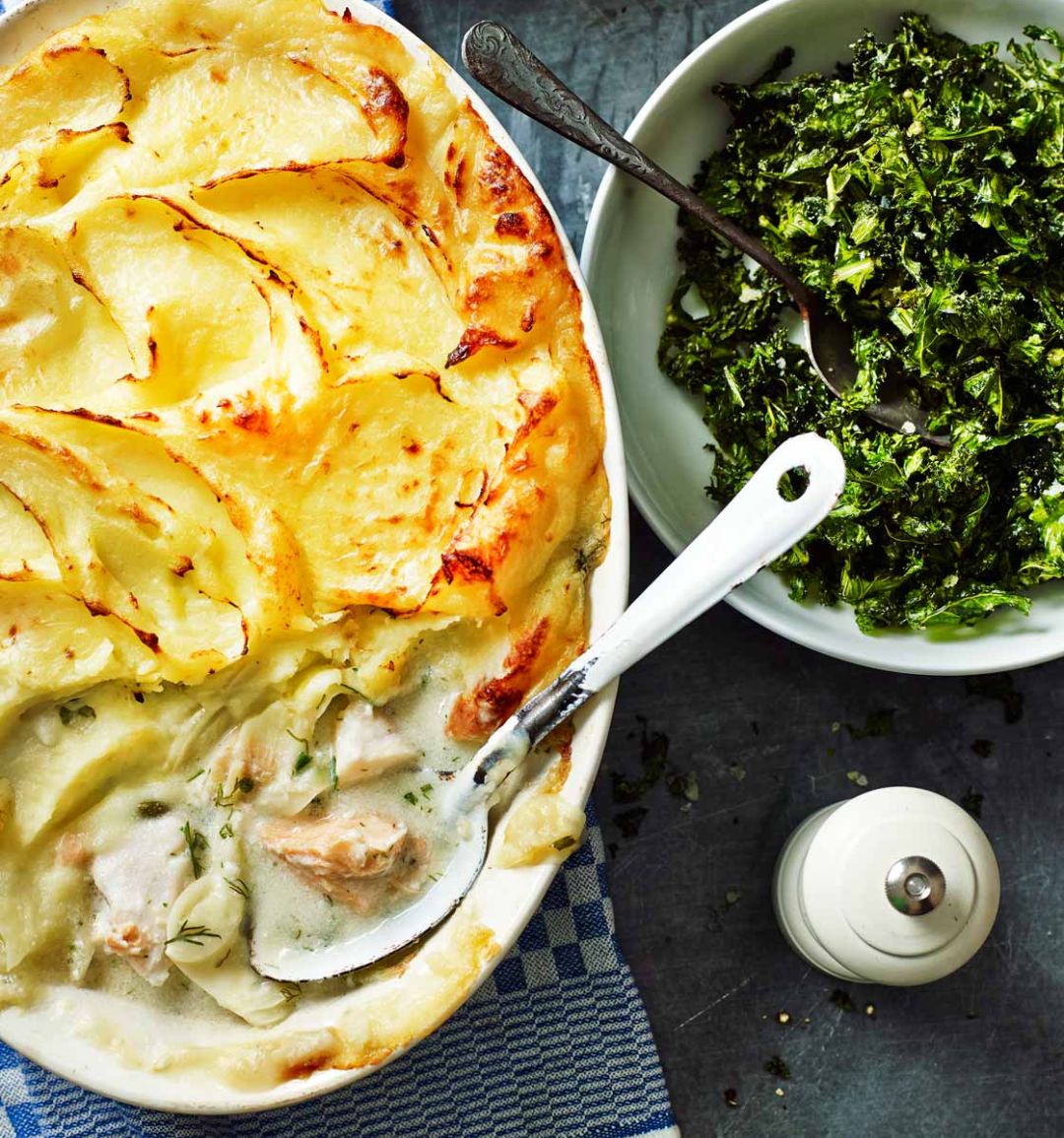 Dairy-free fish pie with crispy kale