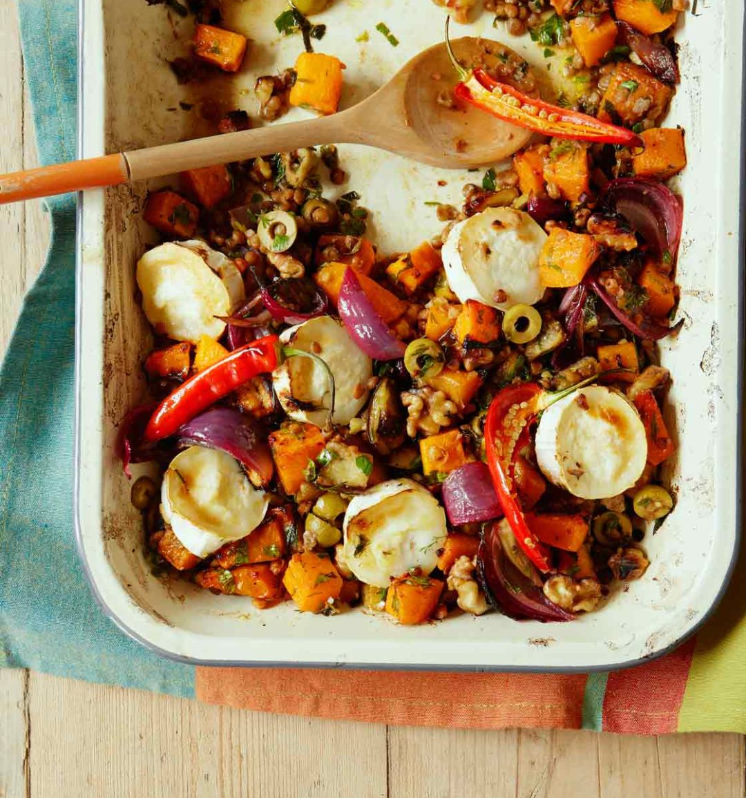 Roasted veg with lentils & goats' cheese