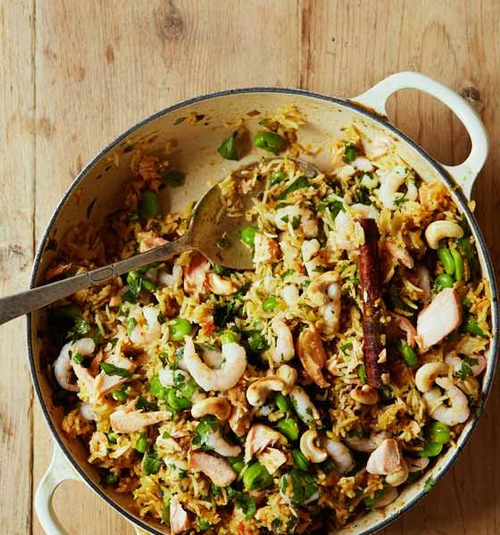 Salmon, prawn and broad bean pilaf