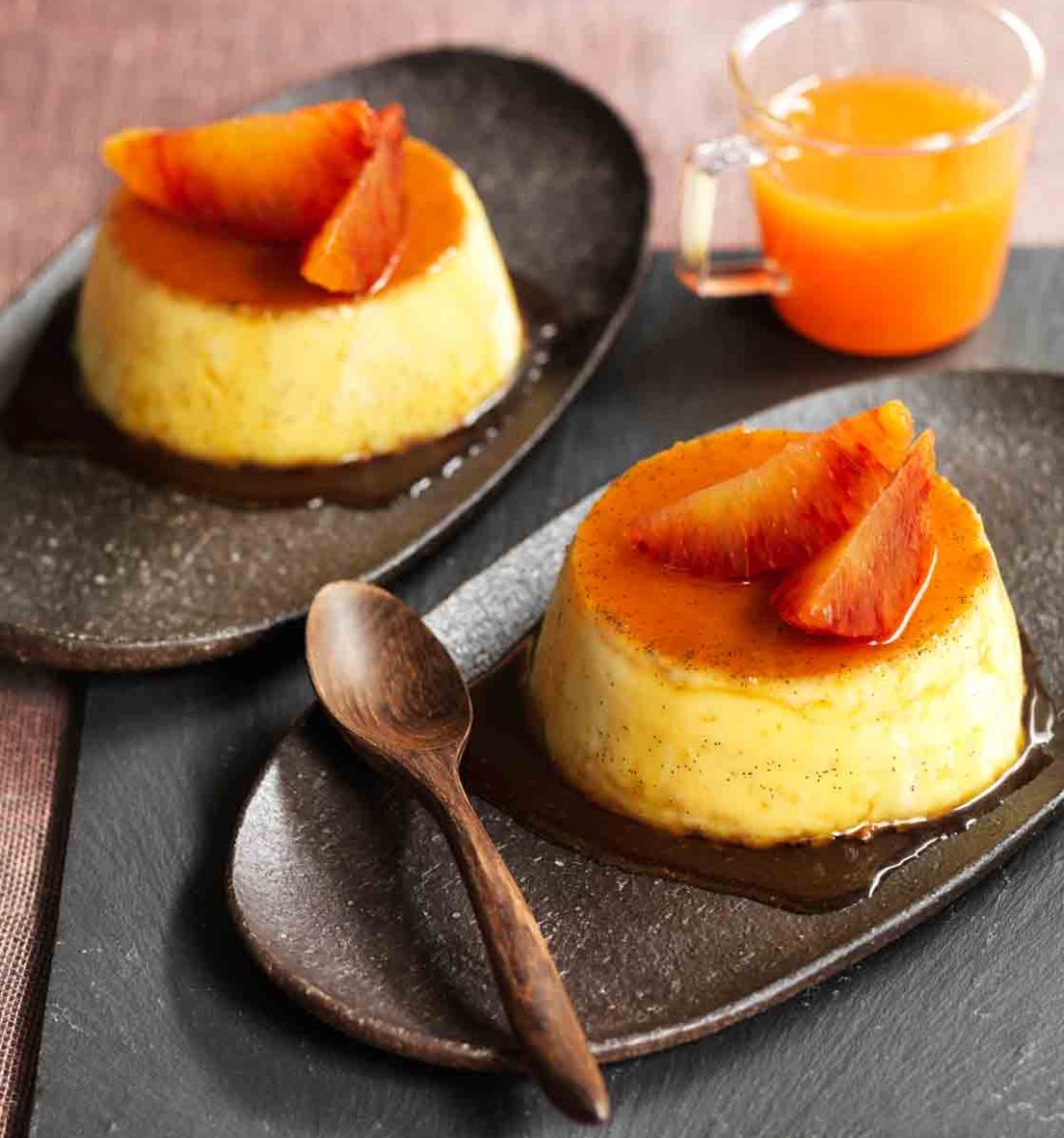 Blood orange and rosemary caramel puddings