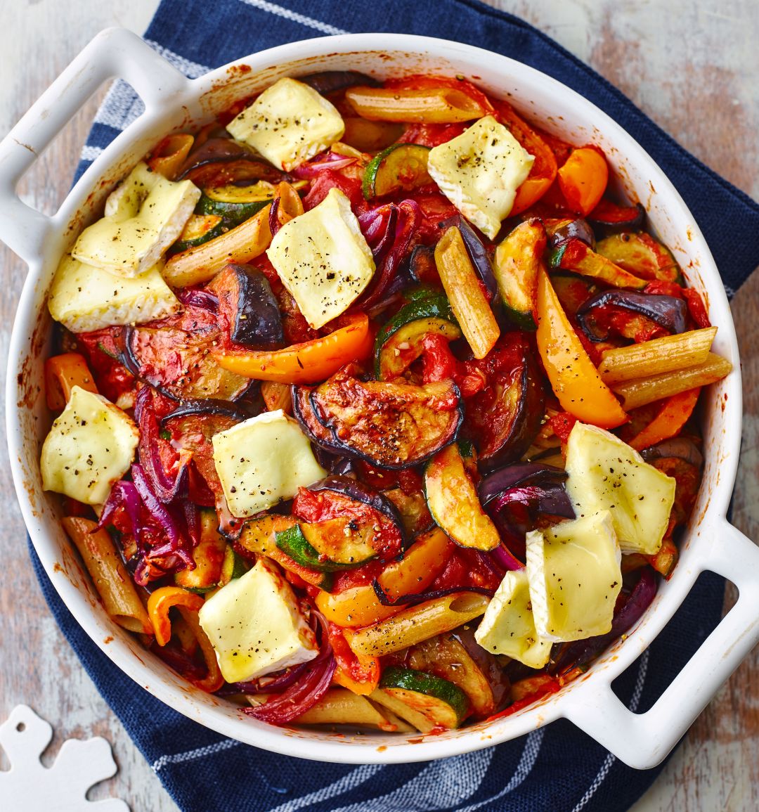 Melting Brie and ratatouille pasta gratin