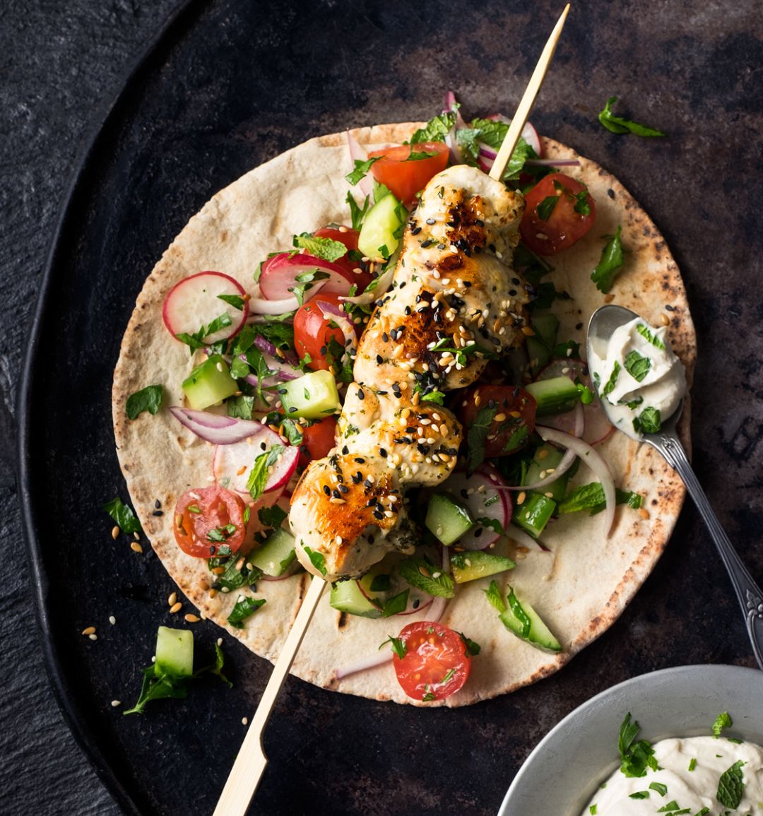 Barbecued lemon, garlic and thyme chicken kebabs
