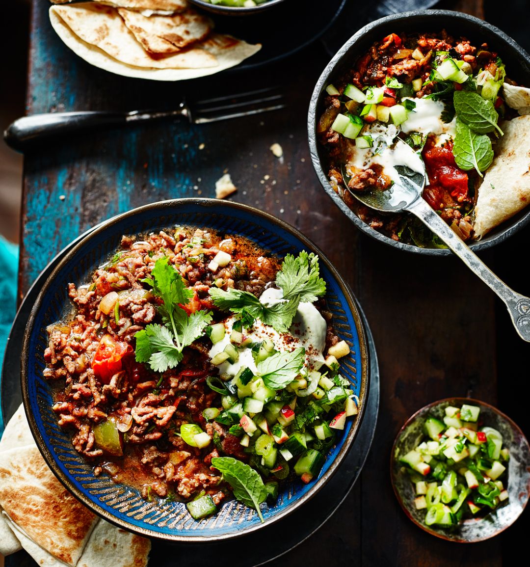 Quick-cook ancho con-carne with cucumber salsa