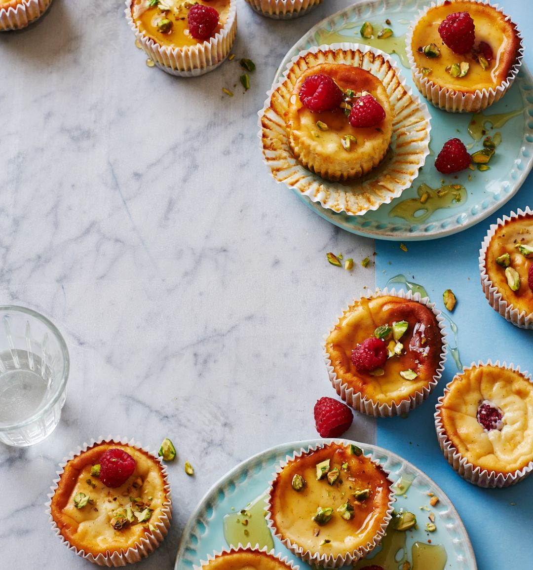 Raspberry and ricotta baked cheesecakes with pistachios and honey