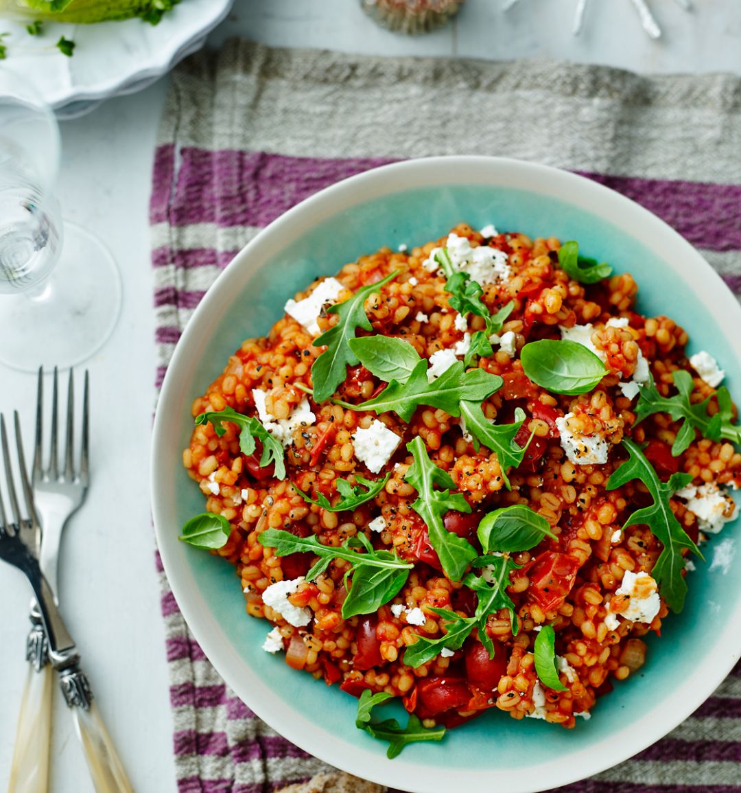 Tomato and pearl barley risotto with feta