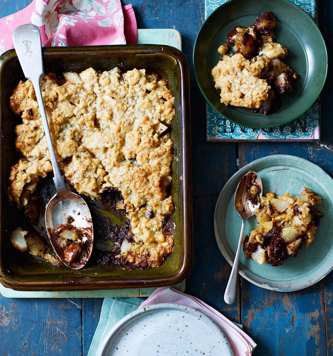 Chocolate and pear flapjack crumble