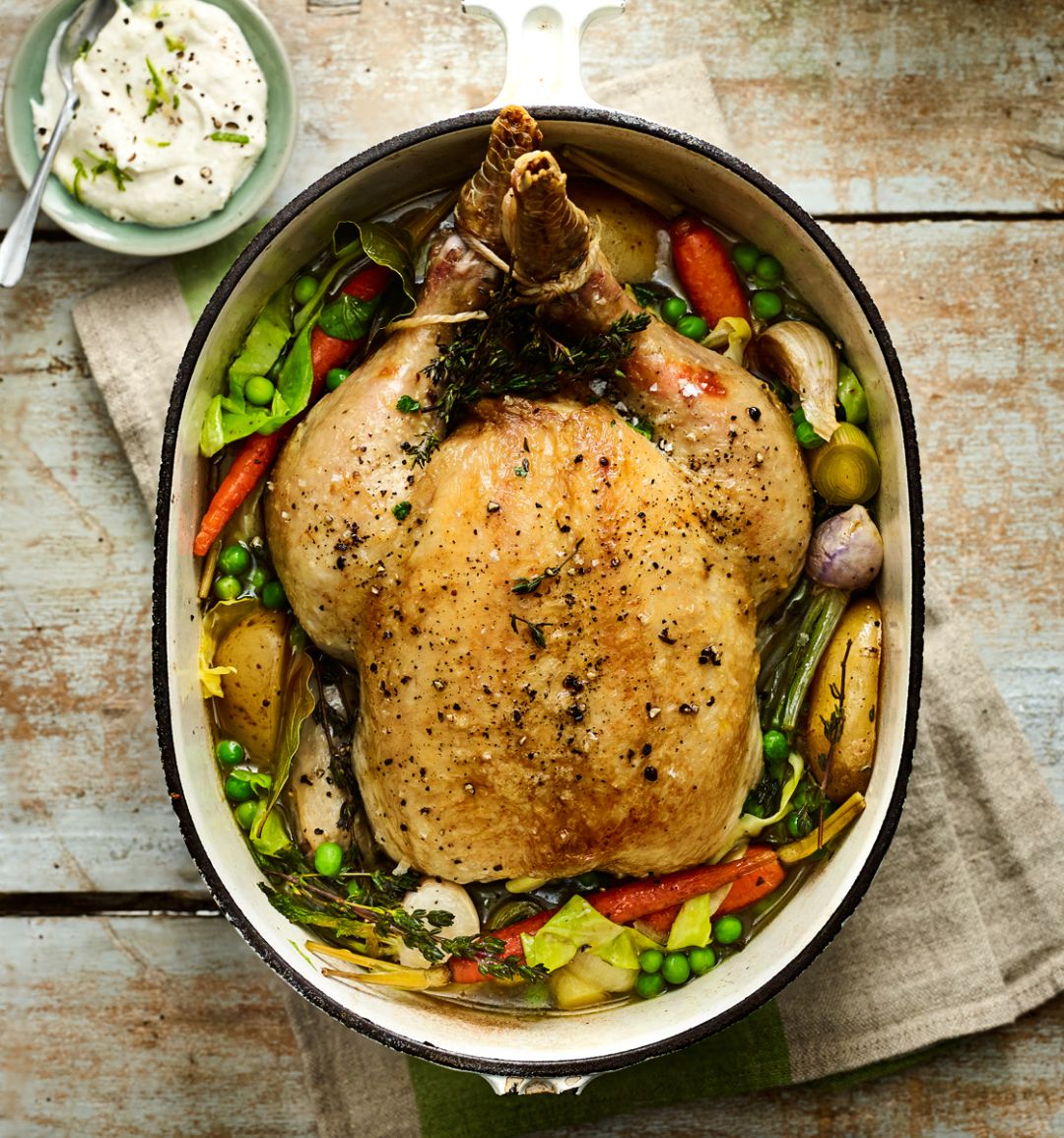 Scandi-style chicken with braised spring veg and horseradish cream