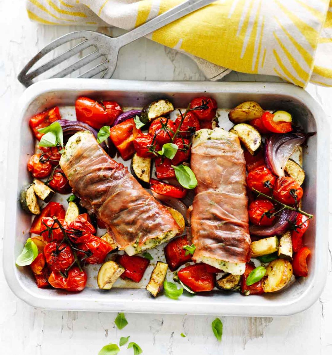 Parma ham-wrapped cod and Mediterranean vegetables