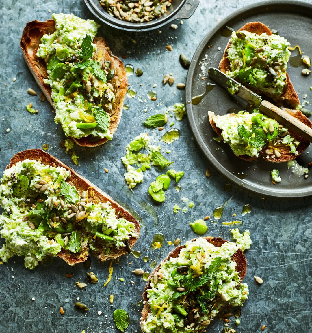 Broad bean and feta smash on toast 
