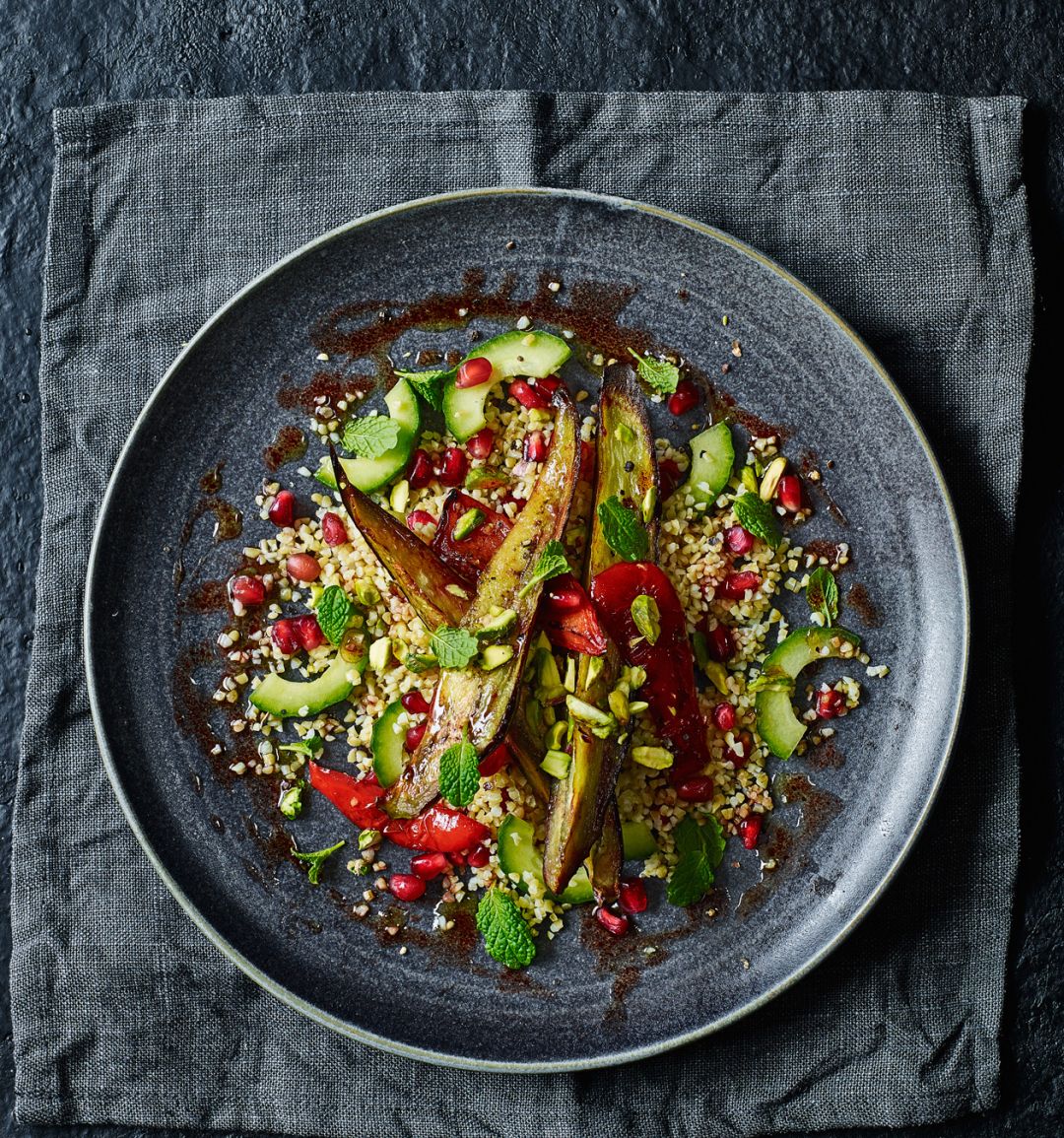 Roasted aubergine and pomegranate salad