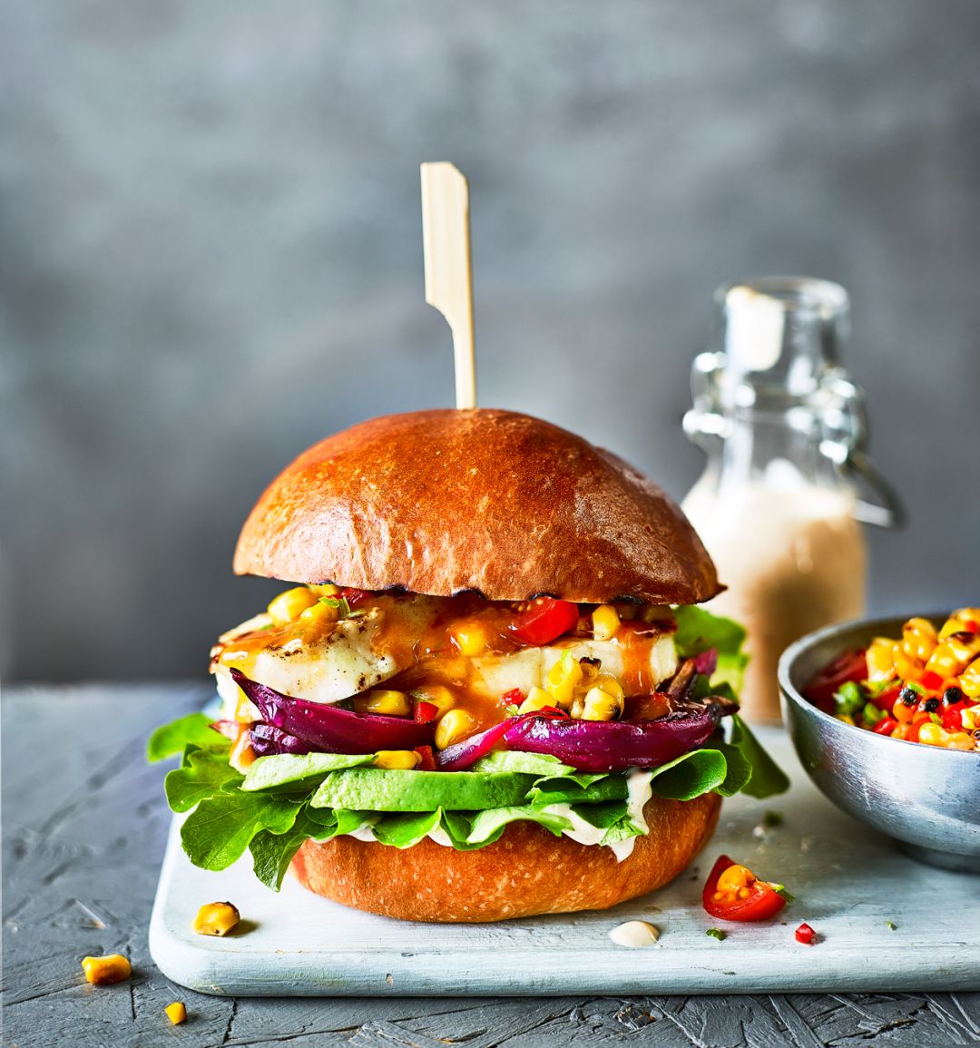Peri peri halloumi burger with sweetcorn salsa