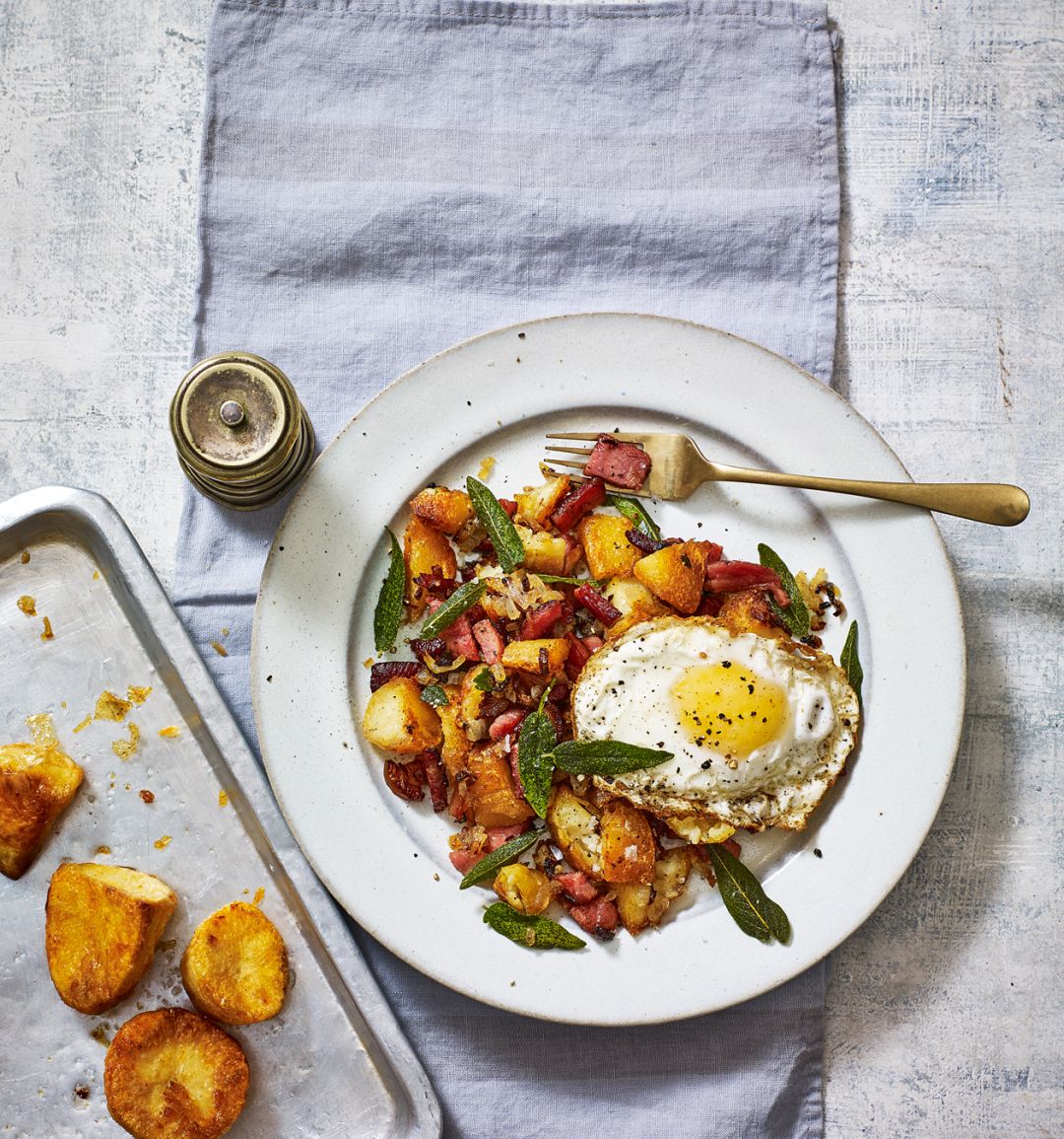 Roast potato and ham hash with sage-fried eggs