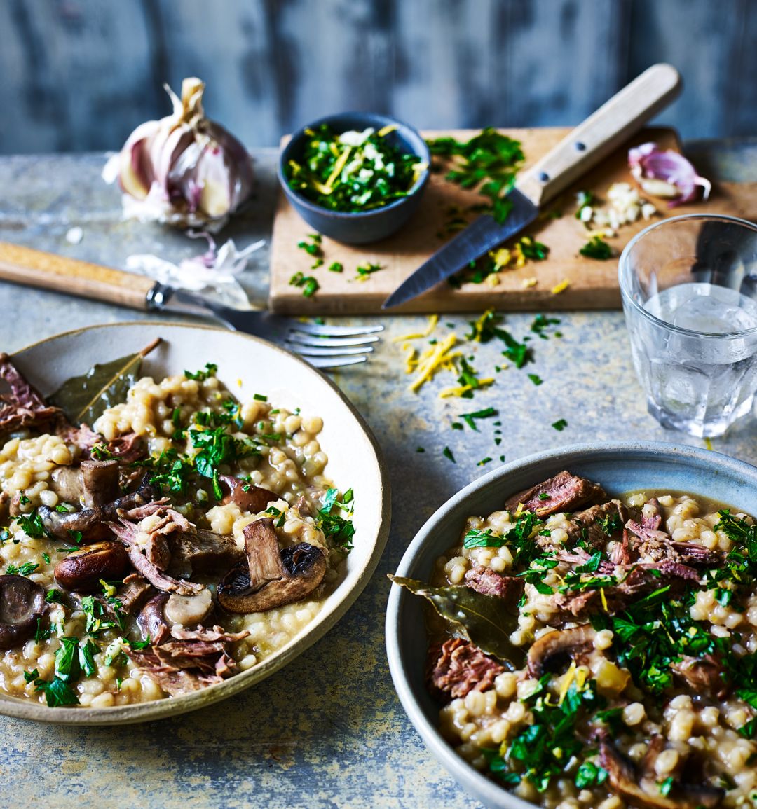 Slow cooker beef and barley one-pot with zesty gremolata