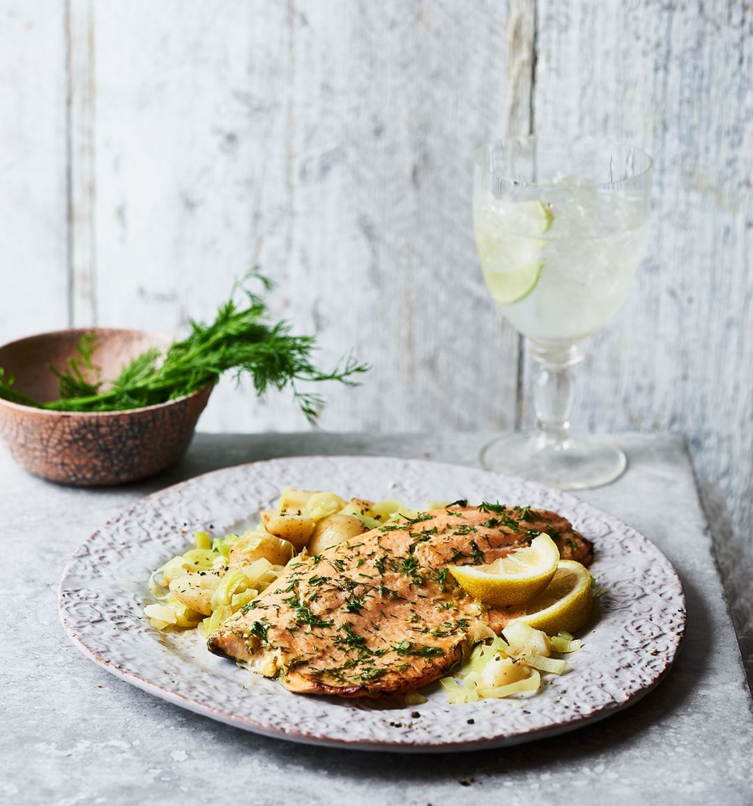 Dill mustard trout with smashed potatoes 