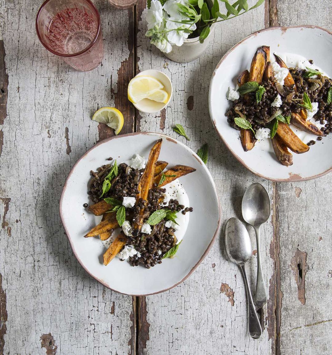 Roast sweet potato, lentils and feta