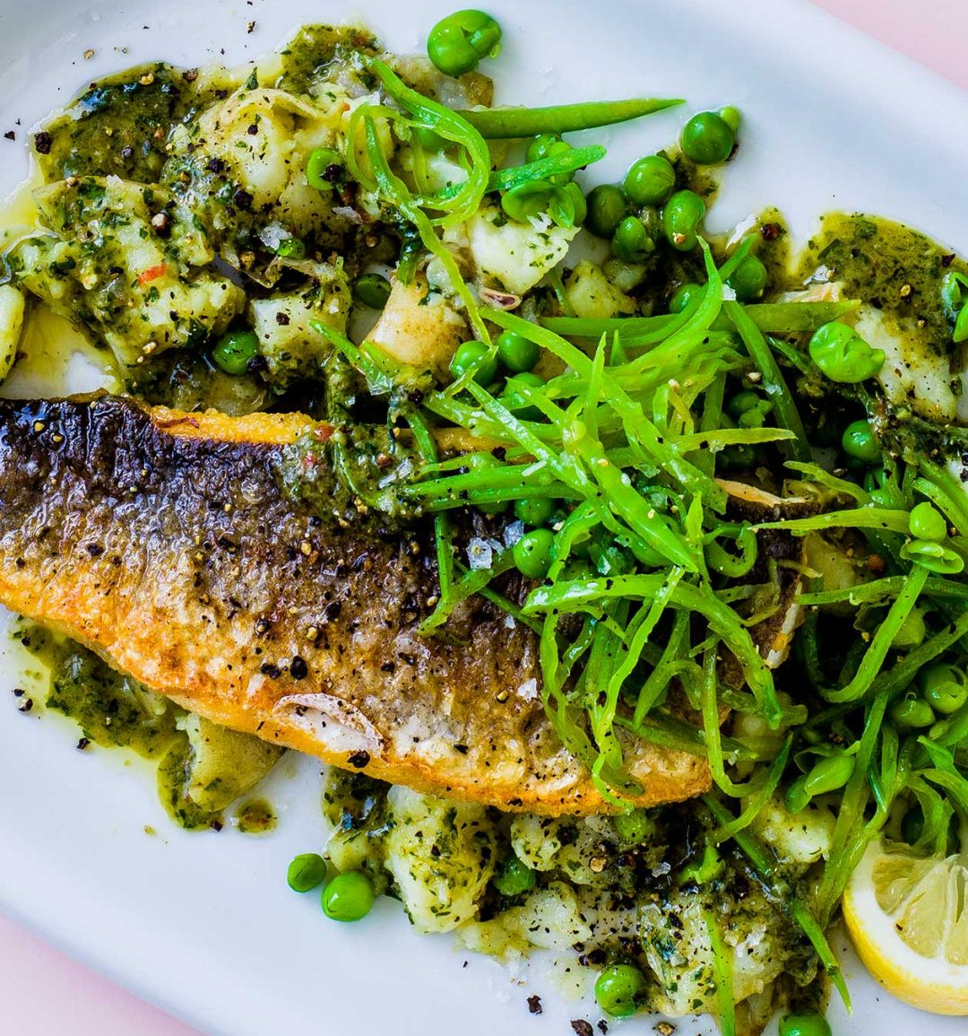 Sea bass with parsley and anchovy ‘pesto’