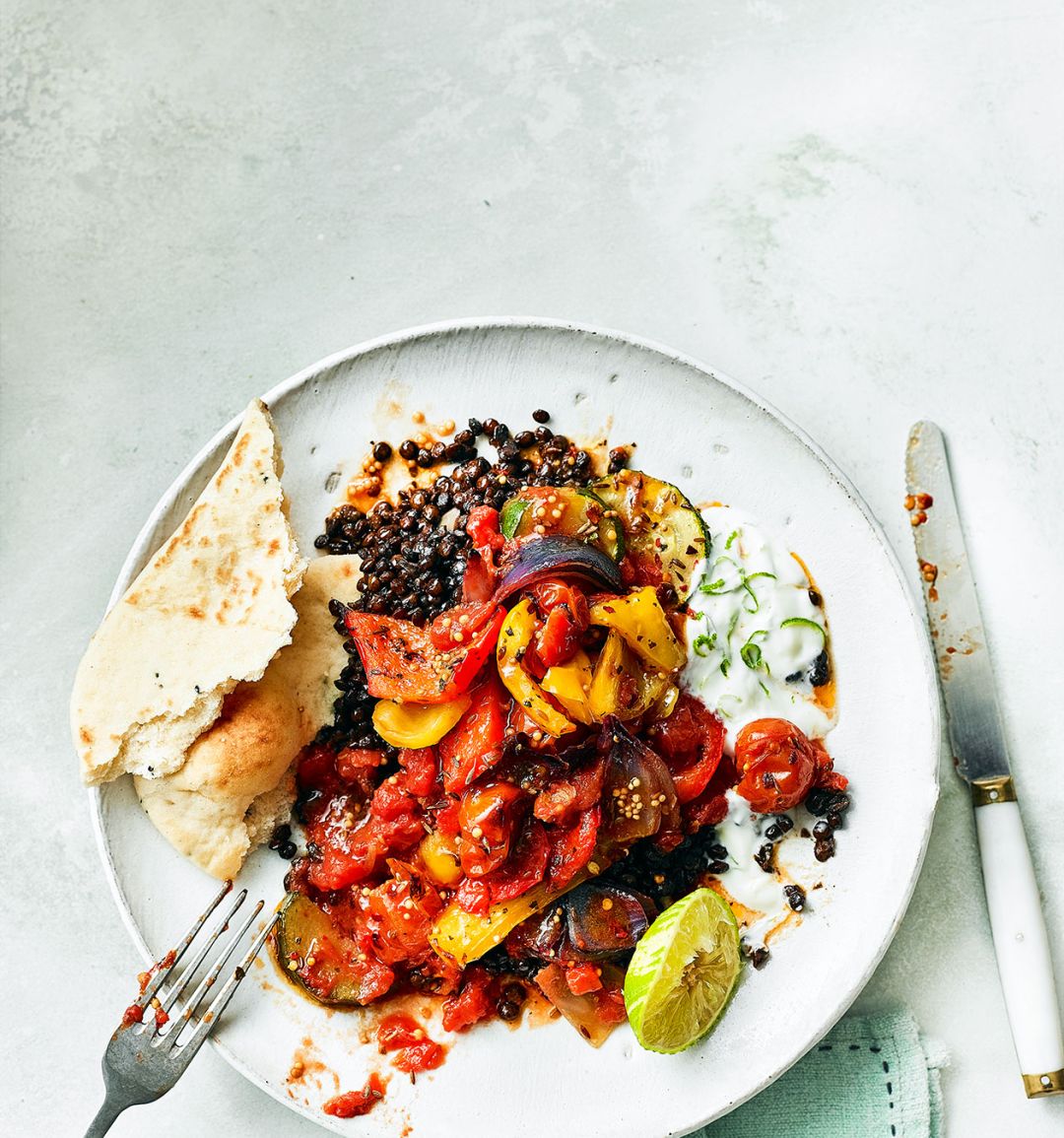 Spicy ratatouille with lentils and lime yogurt