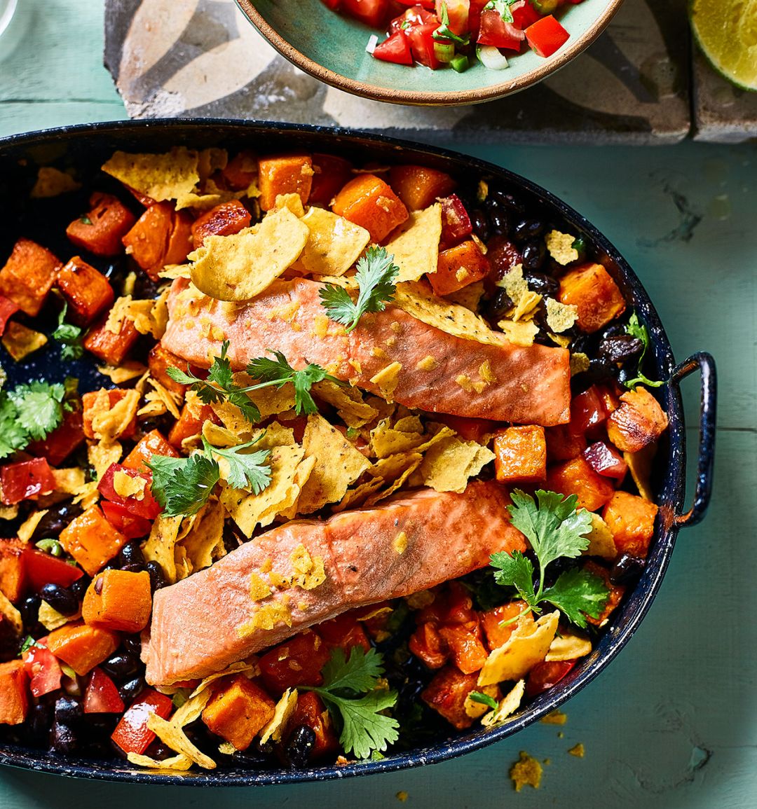 Salmon taco bake