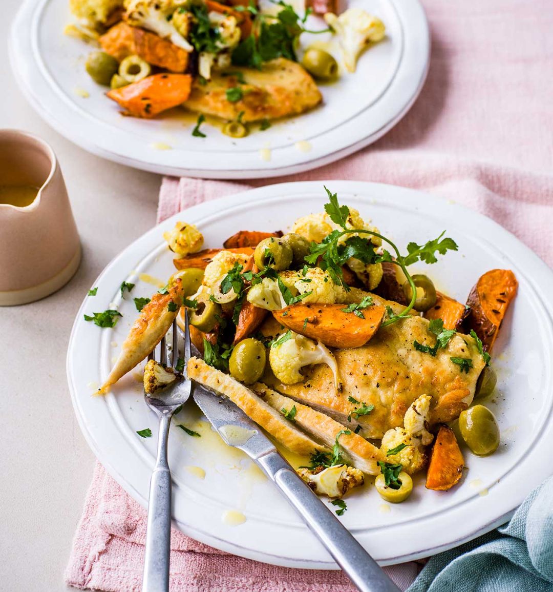 Lemony chicken with roast veg and olives
