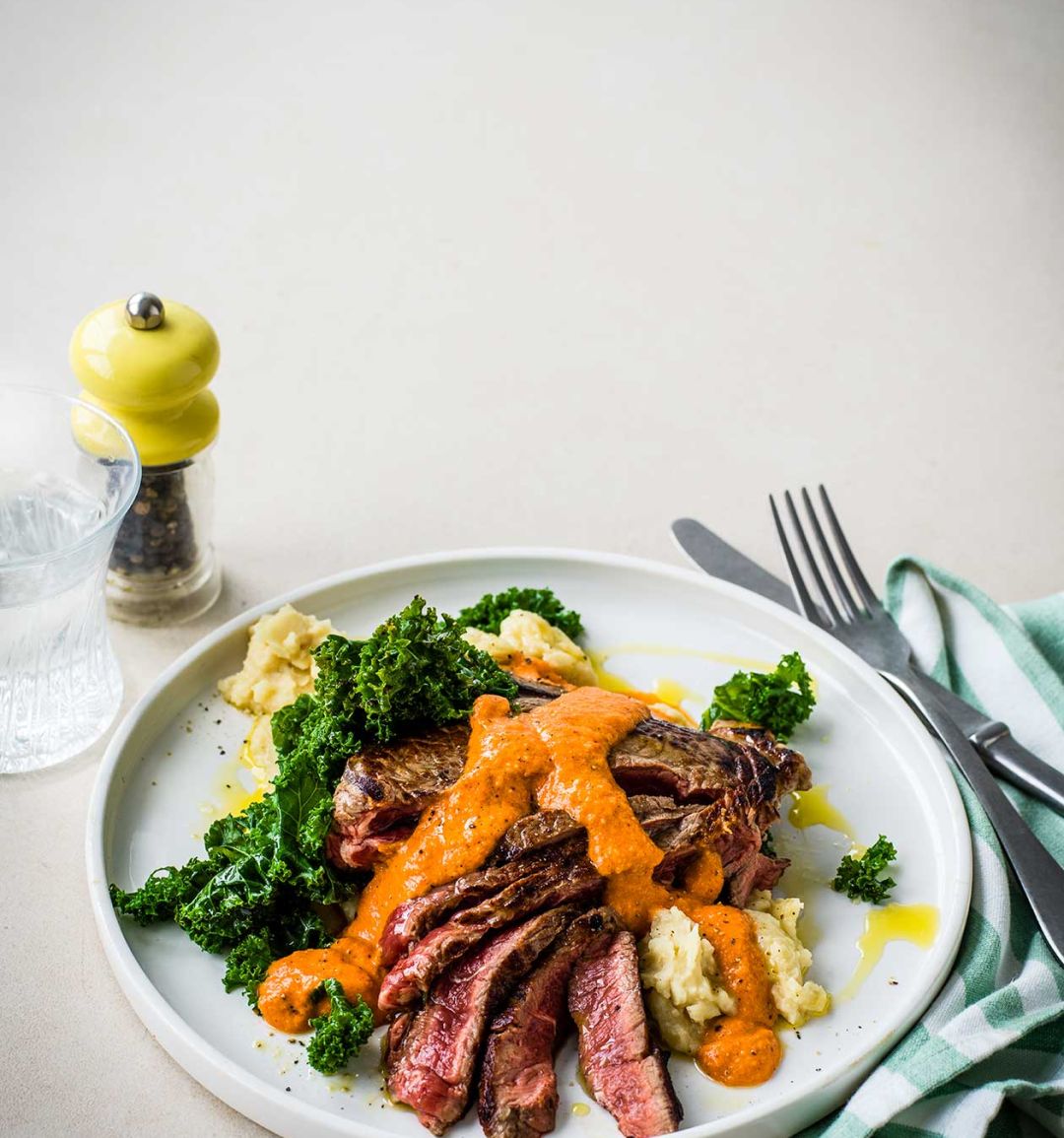 Steak with Romesco sauce and butterbean mash