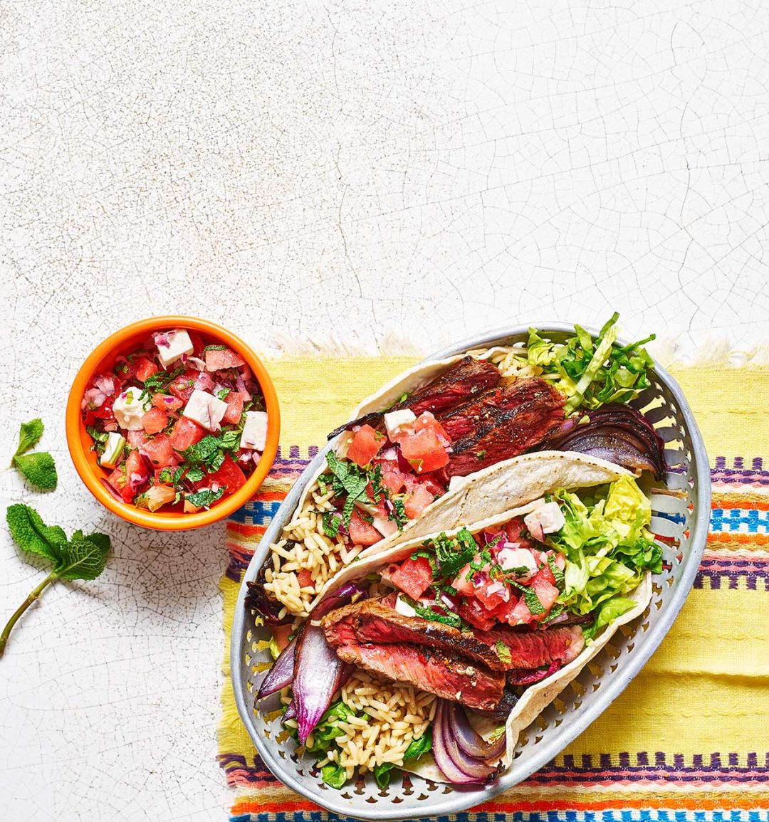 Steak tacos with feta and watermelon salsa