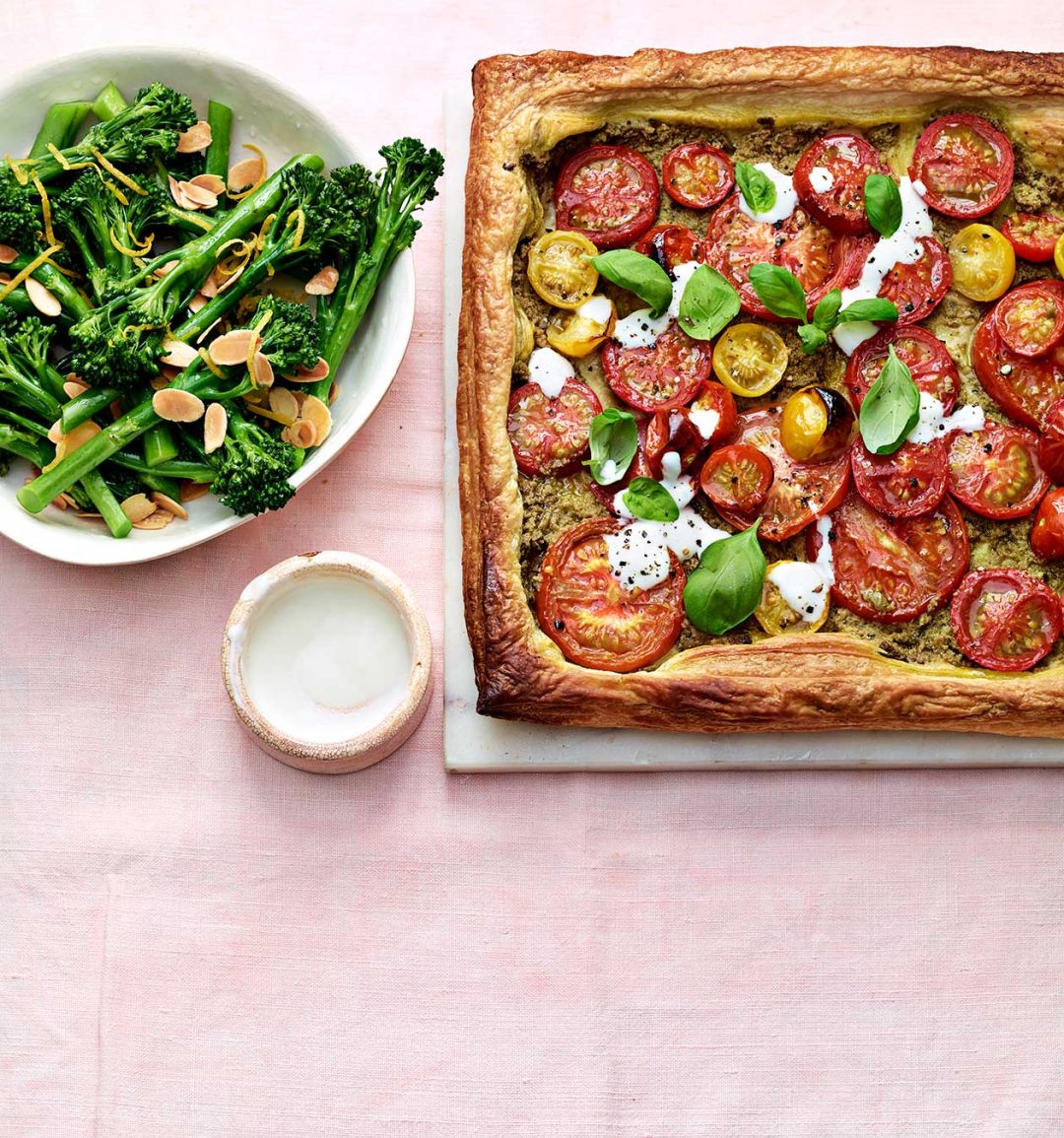 Tomato tapenade tart with broccoli salad