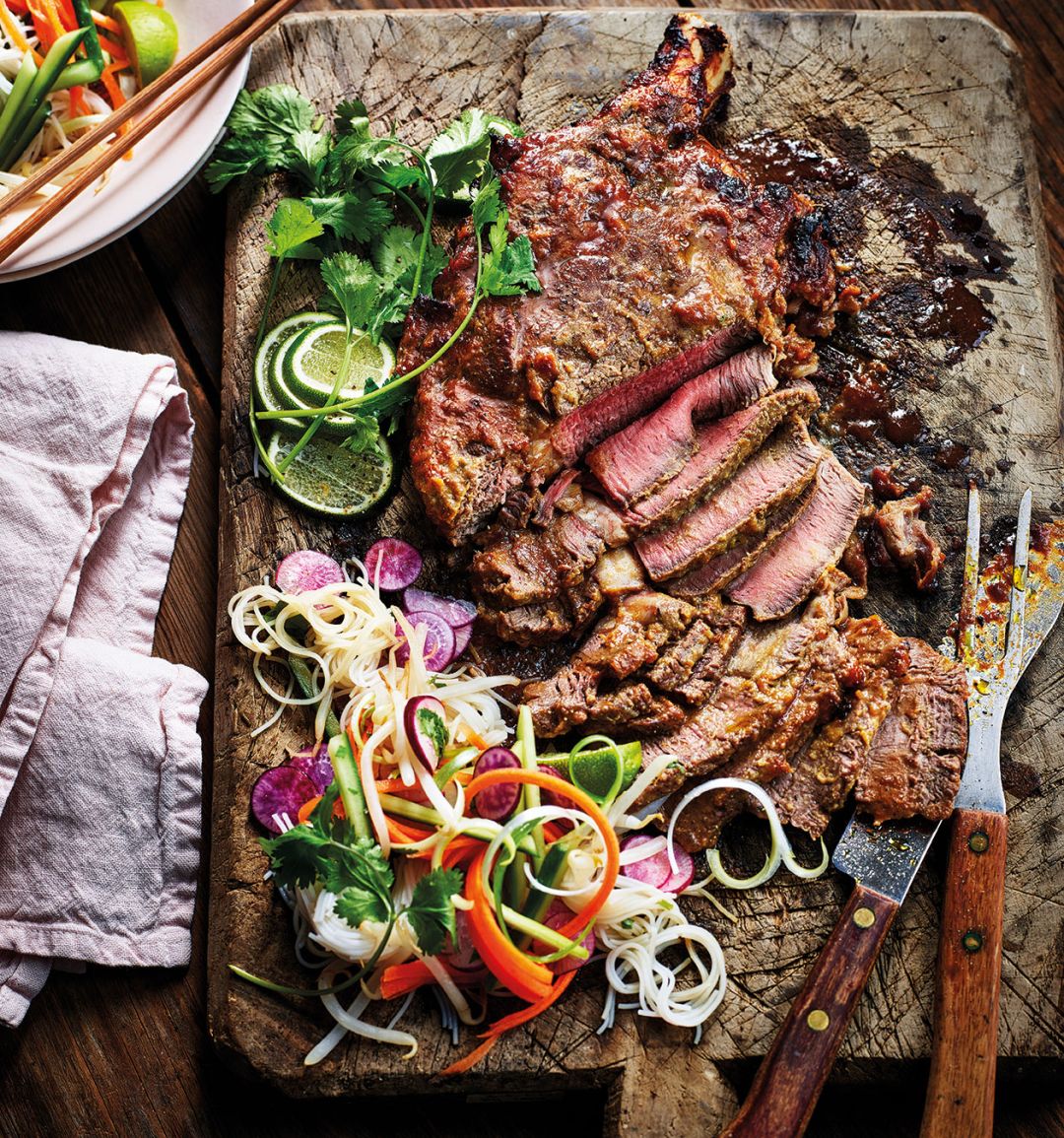 Beef Netted Ribeye Gingered beef ribeye with noodle salad recipe | Sainsbury`s Magazine