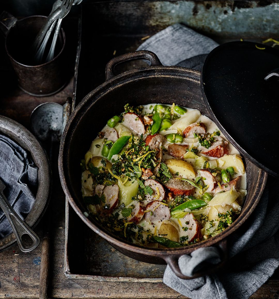 Sausage casserole with walnut gremolata